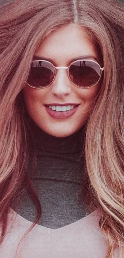 Woman with sunglasses and flowing hair, chic mobile wallpaper.