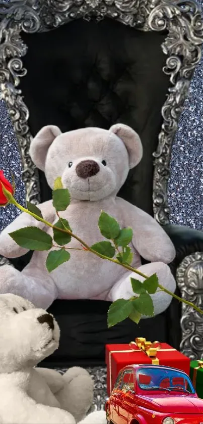 Teddy bear on a luxurious chair with gifts and a rose.