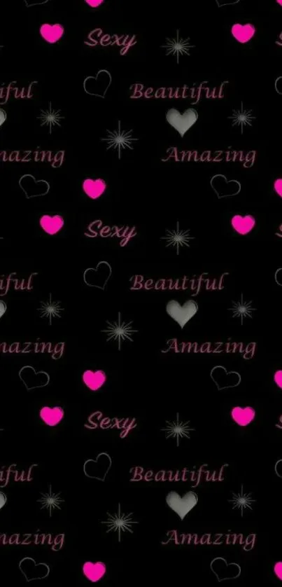 Chic text pattern wallpaper with hearts in pink and gray on black background.