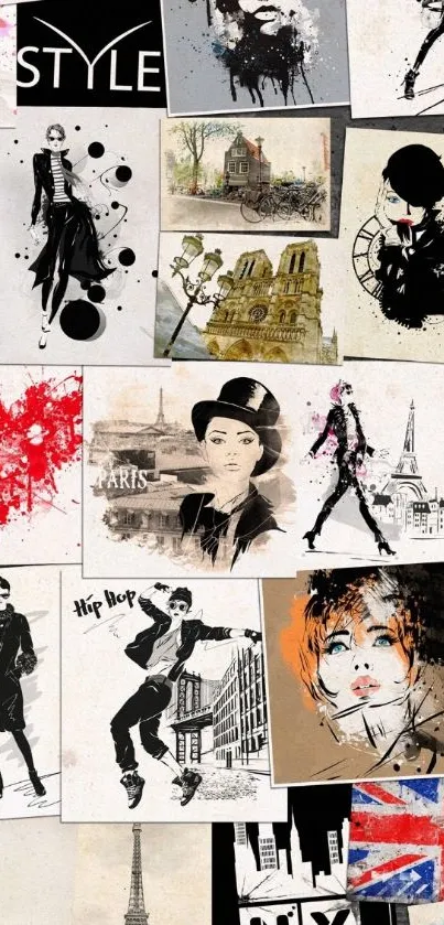 Chic urban collage wallpaper with art and fashion elements.