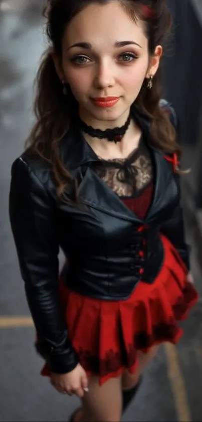 Stylish woman in leather and red skirt on city street.