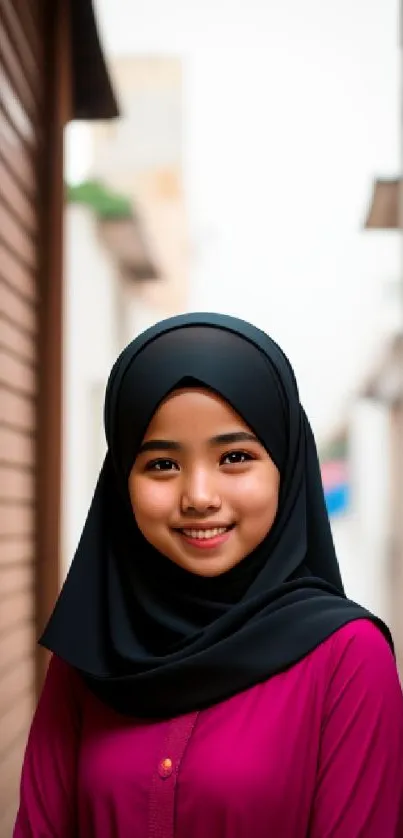 Stylish young woman in magenta hijab in urban setting.