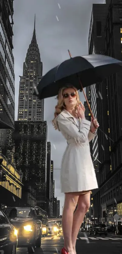 Woman with umbrella in urban nighttime cityscape.