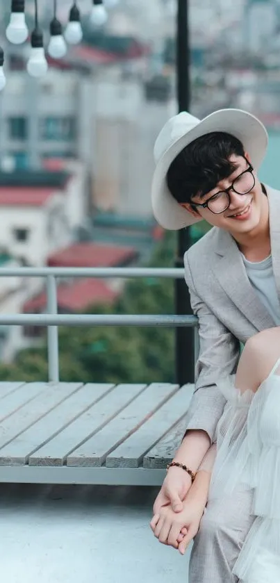 Couple on a stylish city rooftop enjoying a fashionable moment.