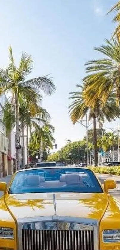 Vibrant street with palm trees and luxury yellow car in sunny city setting.