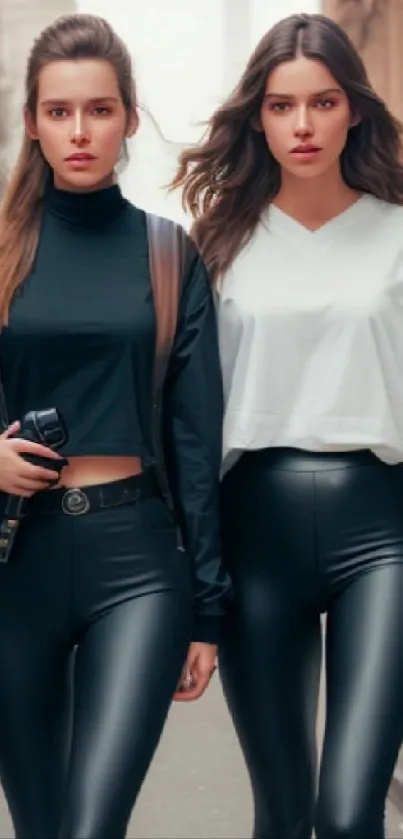 Two women walking in stylish city outfits on an urban street.