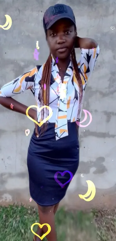 Woman in chic urban outfit with colorful shapes on gray background.