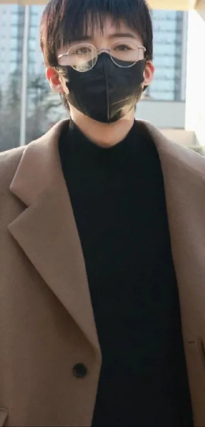 Stylish person in brown coat and black mask, urban backdrop.