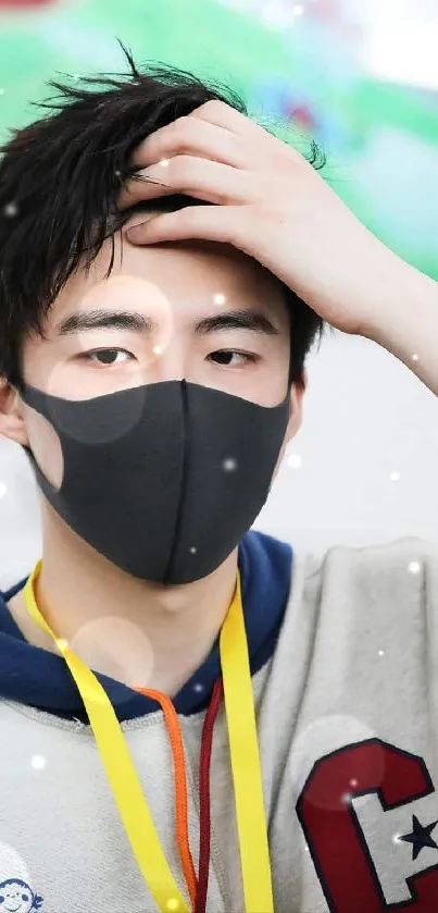 Portrait of a young person with face mask, soft background.