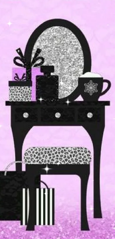 Chic black vanity table on a pink glittery background wallpaper.