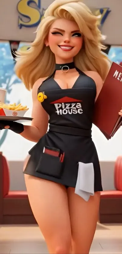 Anime waitress serving food with a smile in a vibrant restaurant.