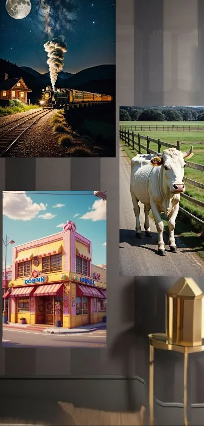 Chic wall art collage with train, cow, and donut shop images.