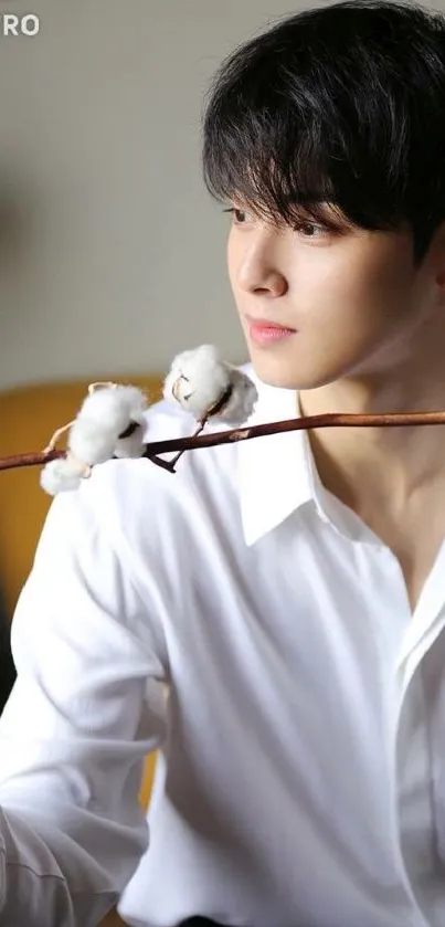 Man in white shirt holding cotton branch, modern style.