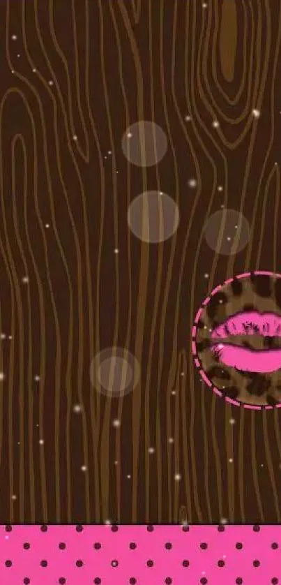 Wood texture wallpaper with pink polka dots and leopard print lips.