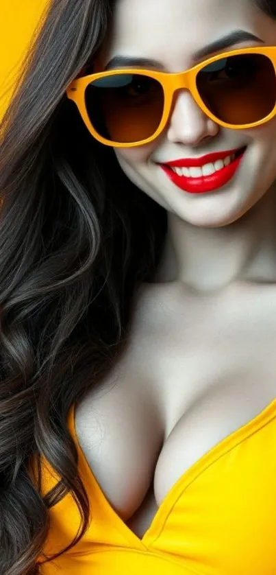 Stylish woman in yellow sunglasses and dress smiling.