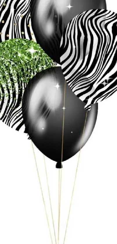 Stylish black and zebra stripe balloons with green glitter accent.