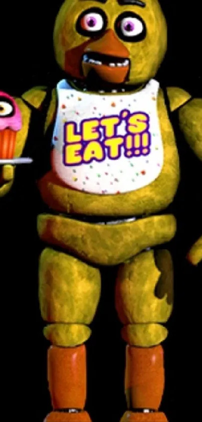 Chica robot with a cupcake on black background.