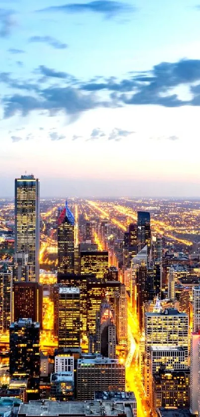 Chicago cityscape with vibrant night lights and skyscrapers.