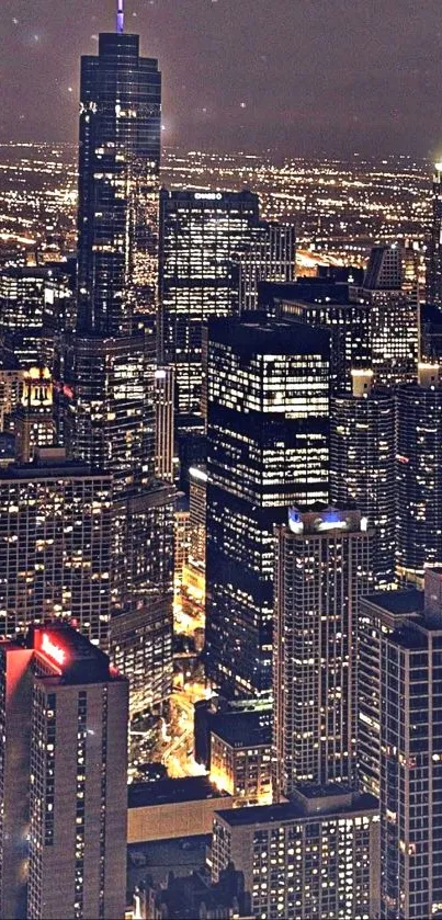 Chicago cityscape at night with illuminated skyscrapers.