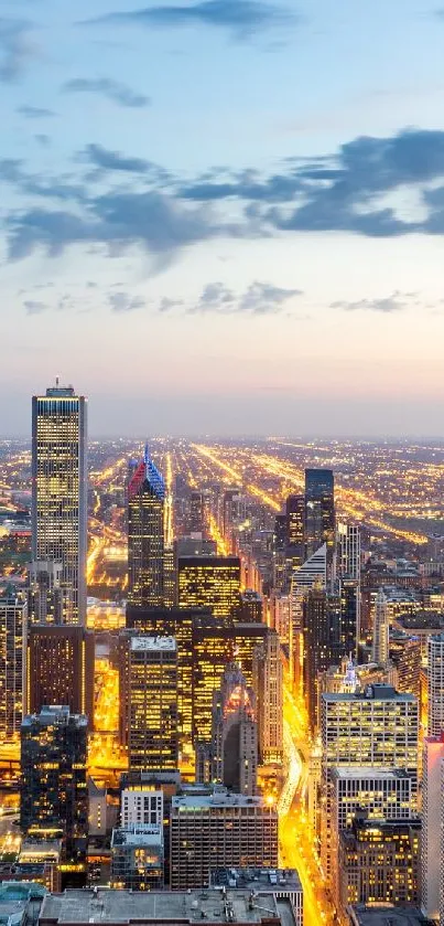 A vibrant dusk view of the illuminated Chicago skyline, with bright city lights and blue sky.