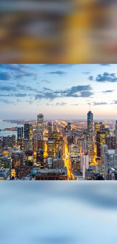 Chicago skyline at sunset with city lights and skyscrapers.