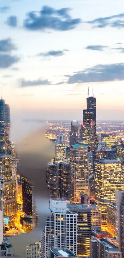 Chicago skyline at dusk with illuminated city lights and blue evening sky.