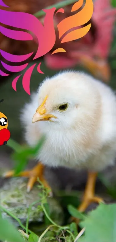 Cute chick with colorful animated graphics in nature.