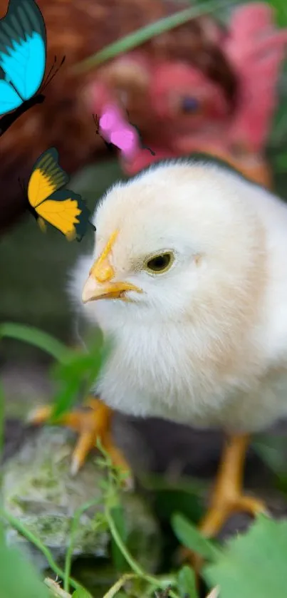 Chick with colorful butterflies in nature.