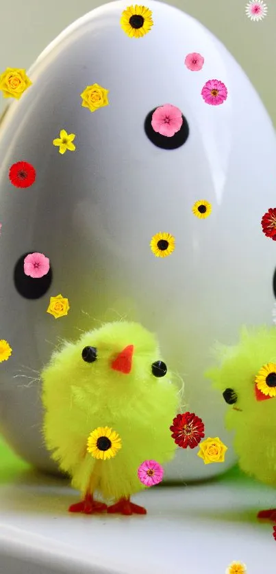 Yellow fluffy chicks with a white egg and colorful flowers.