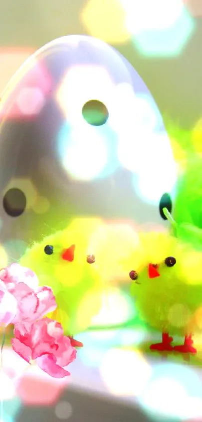 Neon yellow chicks with a spotted egg and pink flowers on a mobile wallpaper.