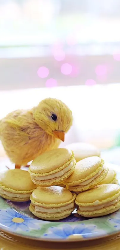 Fluffy chick beside yellow macarons on a floral plate.