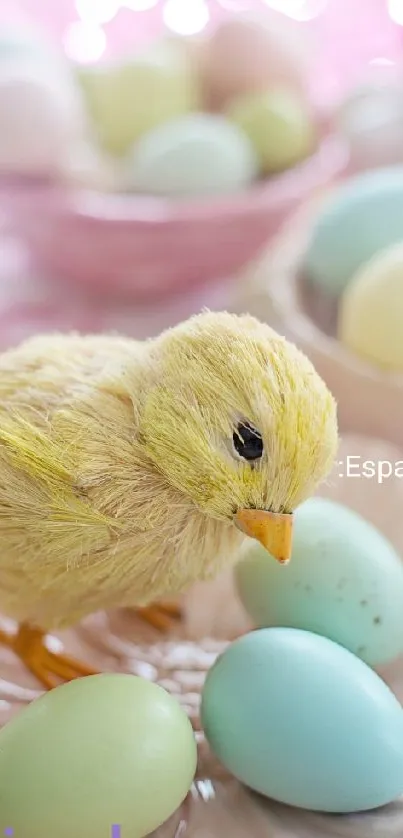 Fluffy chick with pastel Easter eggs in a festive setting.