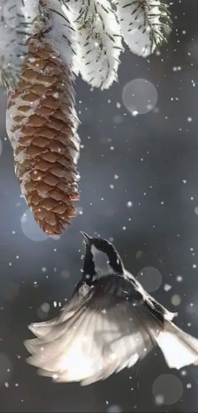 Chickadee flying towards a snowy pinecone.