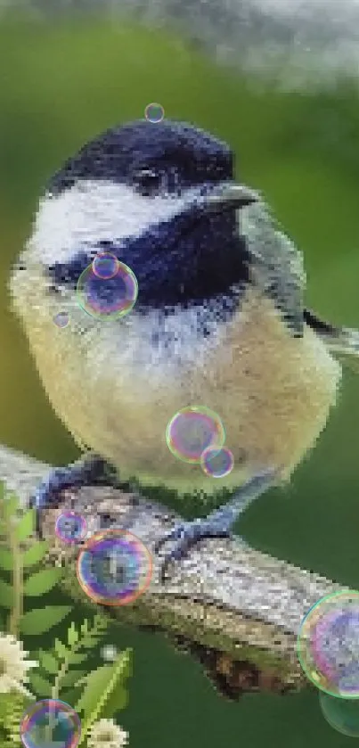 Chickadee perched on a branch surrounded by green leaves.