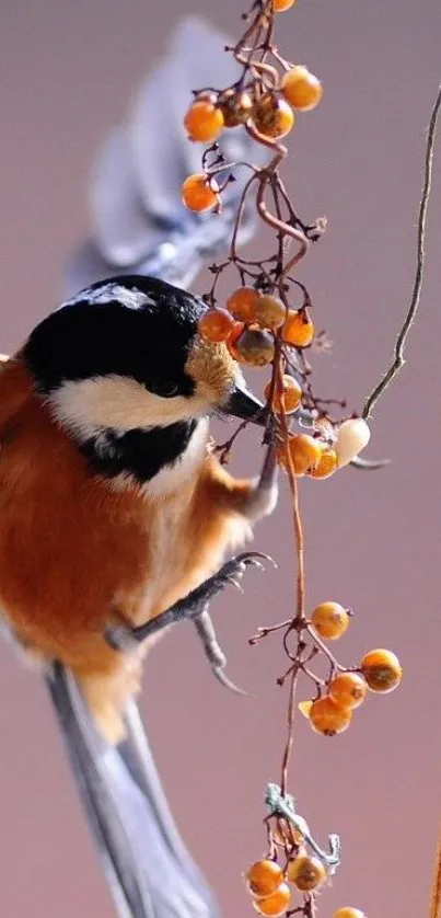 Chickadee sitting on a branch with orange berries.