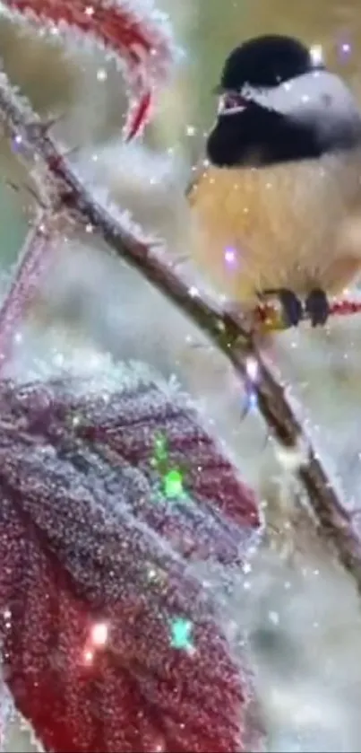 Chickadee perched on frosty red leaves in winter landscape.