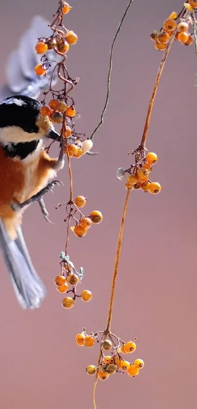 Vibrant bird among berries in nature backdrop.