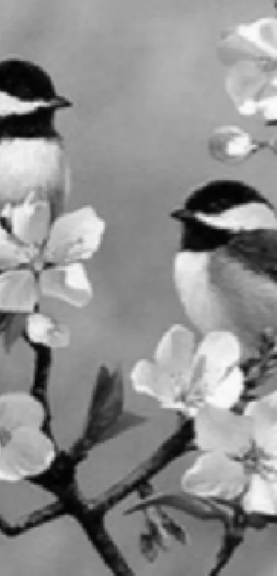 Chickadees perched on a blossoming branch with pastel colors.