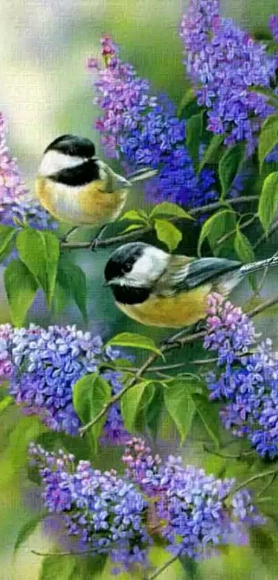 Two chickadees perched on vibrant purple lilac flowers.