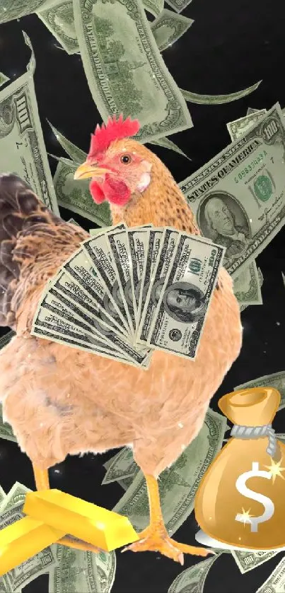 Humorous wallpaper featuring a chicken with cash and flying dollar bills.