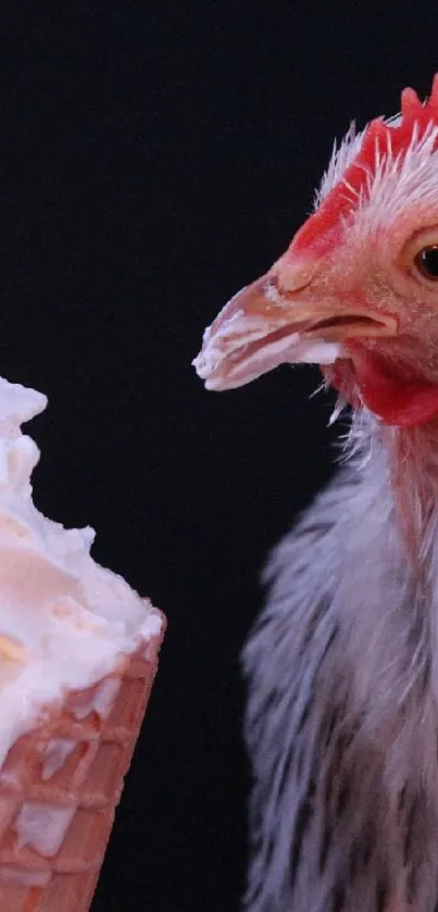 Curious chicken eyes an ice cream cone against a dark backdrop.