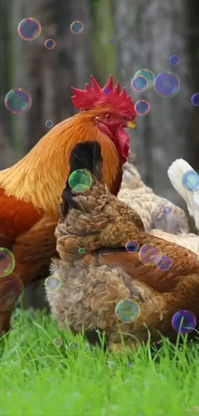 Vibrant mobile wallpaper of chickens with bubbles floating in a grassy field.