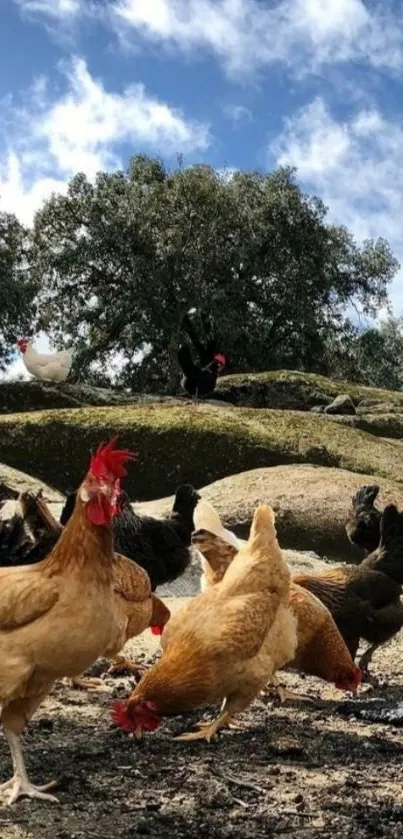 Chickens roam freely in scenic nature setting.