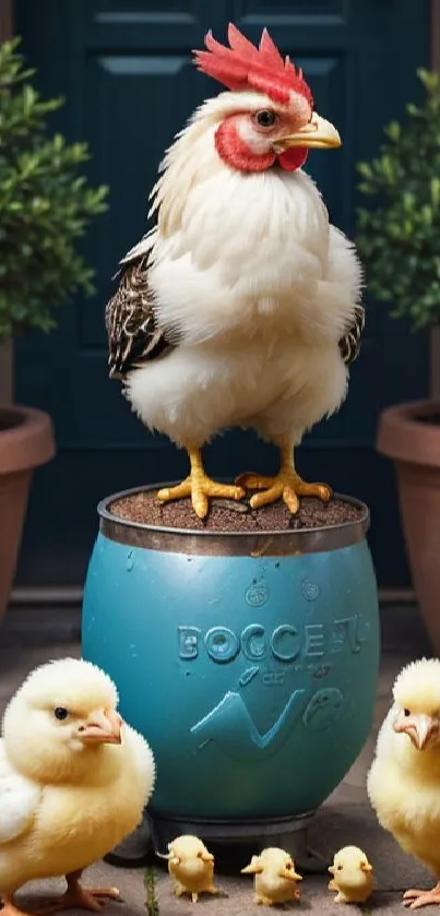 Rooster and chicks on a blue pot.