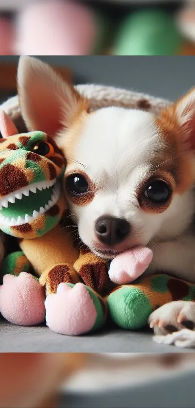 Chihuahua snuggles with a plush dinosaur toy under a cozy blanket.