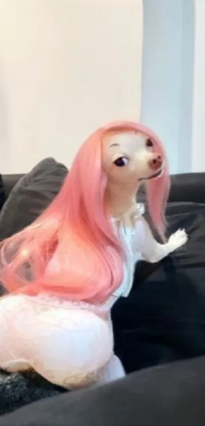 Chihuahua with pink wig on sofa