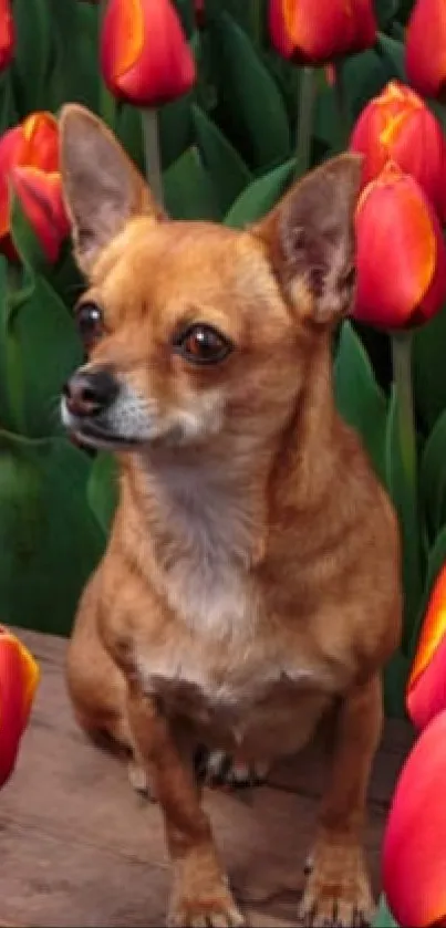 Chihuahua surrounded by vibrant red tulips in a garden setting.