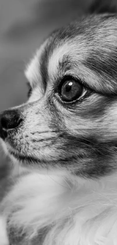 Black and white close-up of a Chihuahua puppy's face.