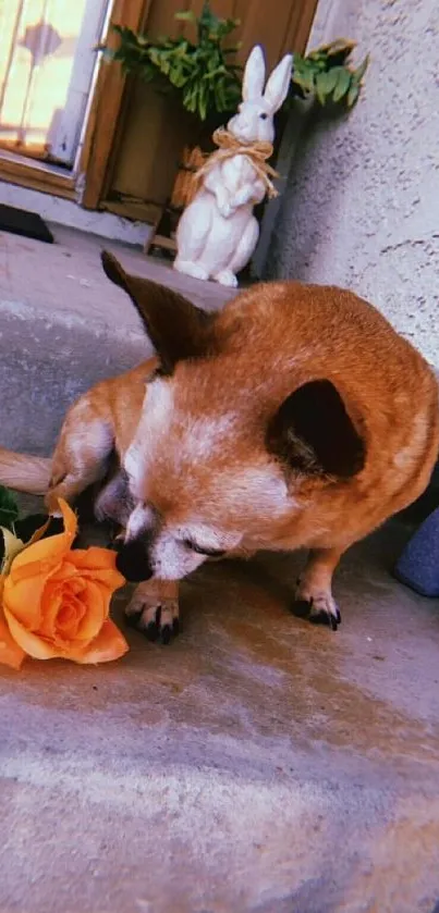 Chihuahua with an orange rose on concrete steps, next to decorative items.