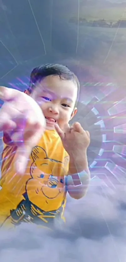 Child in yellow shirt with mystical background.